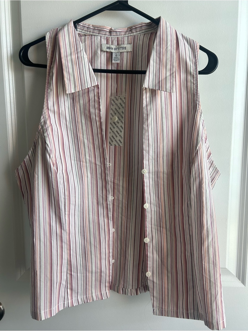 Urban Outfitters Pink and White Striped Sleeveless Button-Down Shirt